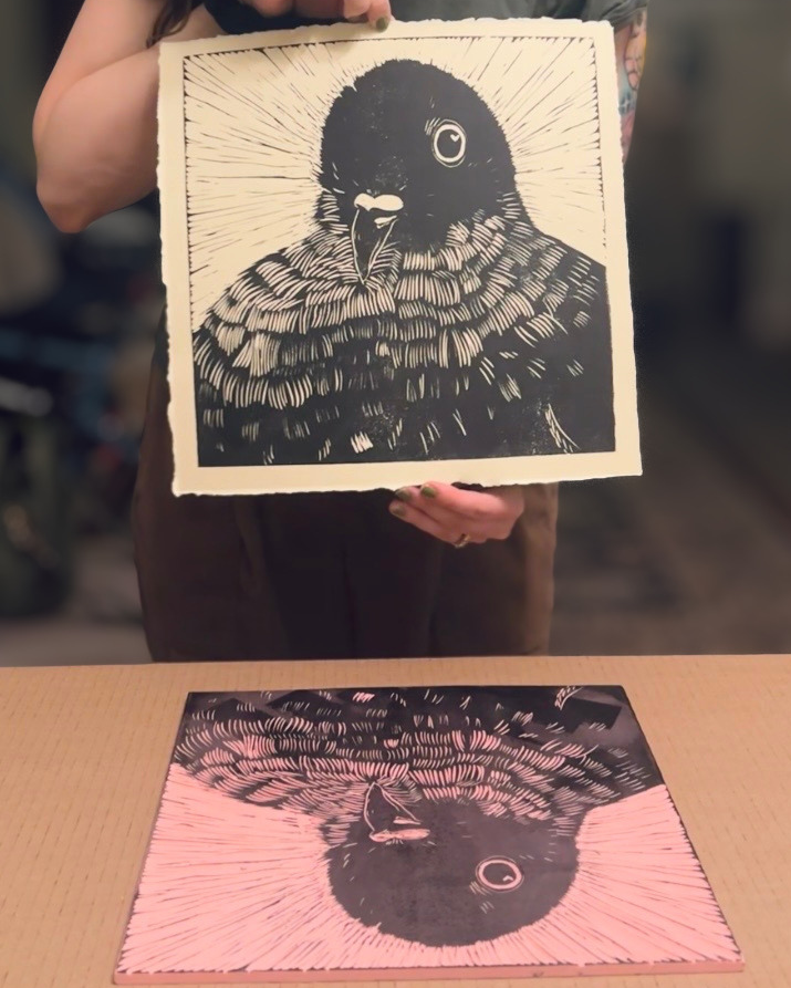 Handmade Fluffy Pigeon Linocut 12”x12” Print